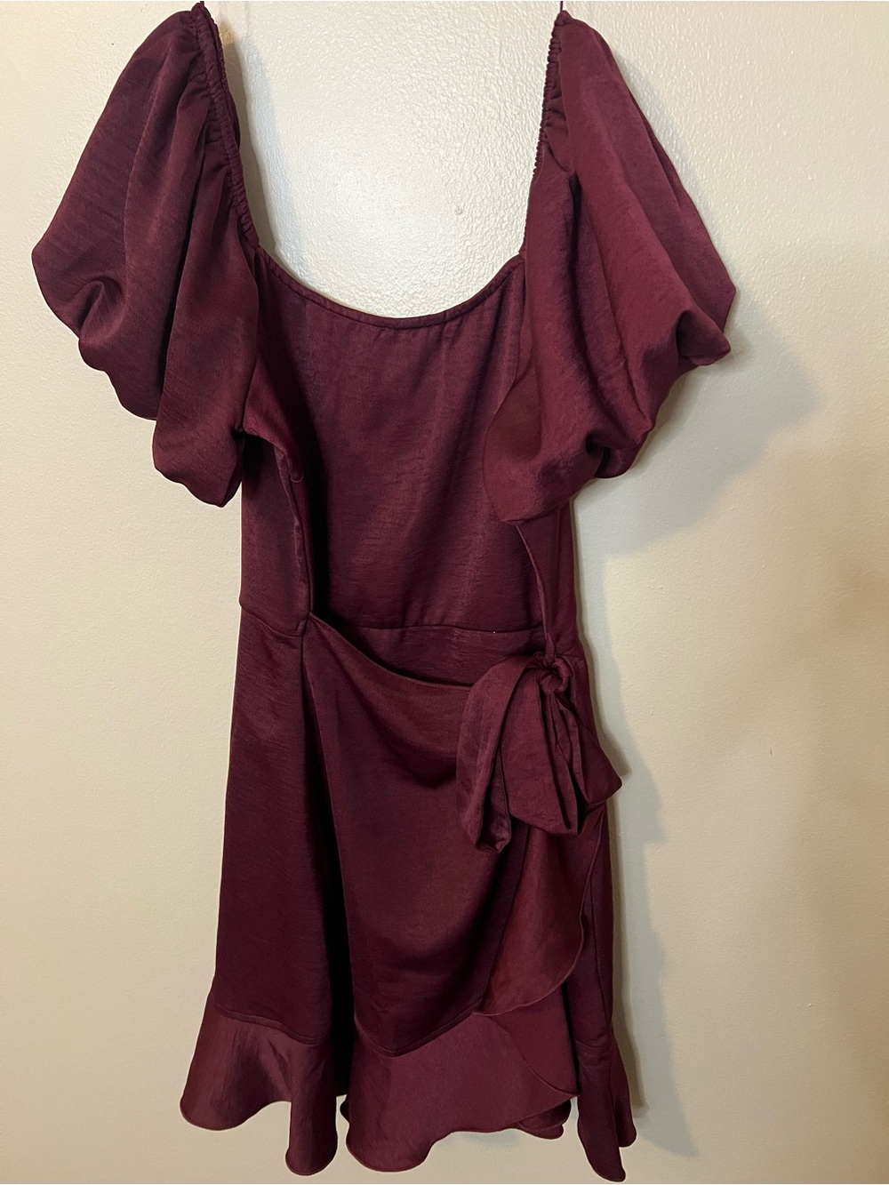 Mi Ami Burgundy Short Sleeve Mini Wrap Dress With Self Tie Waist And Ruffled Hem